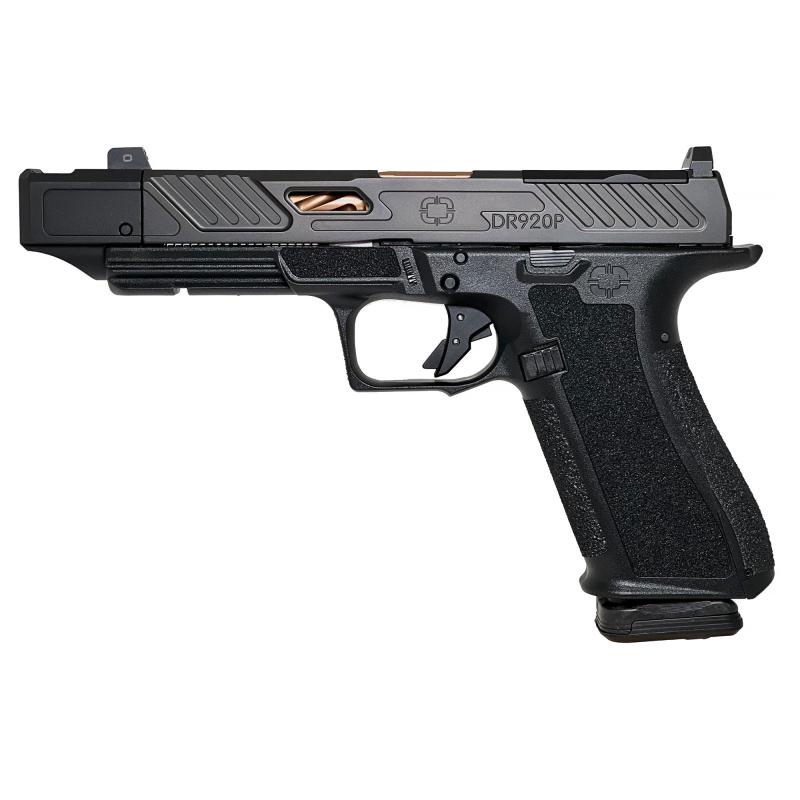 DR920P Elite, Striker Fired, Semi-automatic Pistol, Full Size, 9mm, 4.8" Threaded Bronze Spiral Fluted Barrel, Compensator, Polymer Frame, Nitride Finish, Black, Front Night Sight, Trigger Safety, 17 Rounds, Includes 2 Magazines, Optics Kit, Grip Kit, At