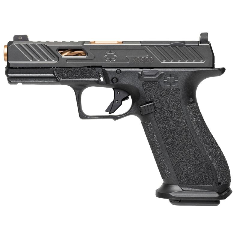 XR920 Elite, Striker Fired, Semi-automatic Pistol, Full Size, 9mm, 4" Bronze Spiral Fluted Barrel, Polymer Frame, Nitride Finish, Black, Front Night Sight, Trigger Safety, 17 Rounds, Includes 2 Magazines, Optics Kit, Grip Kit, Attache Case, Magwell, Shad