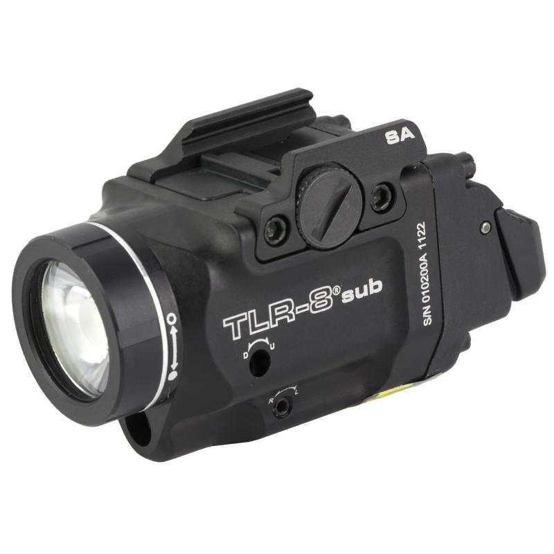 Streamlight TLR-8 Sub, White LED with Red Laser, Fits Springfield Hellcat, 500 Lumens, Anodized Finish, Black, Includes (1) CR123a Battery, Low and High Switches 69419