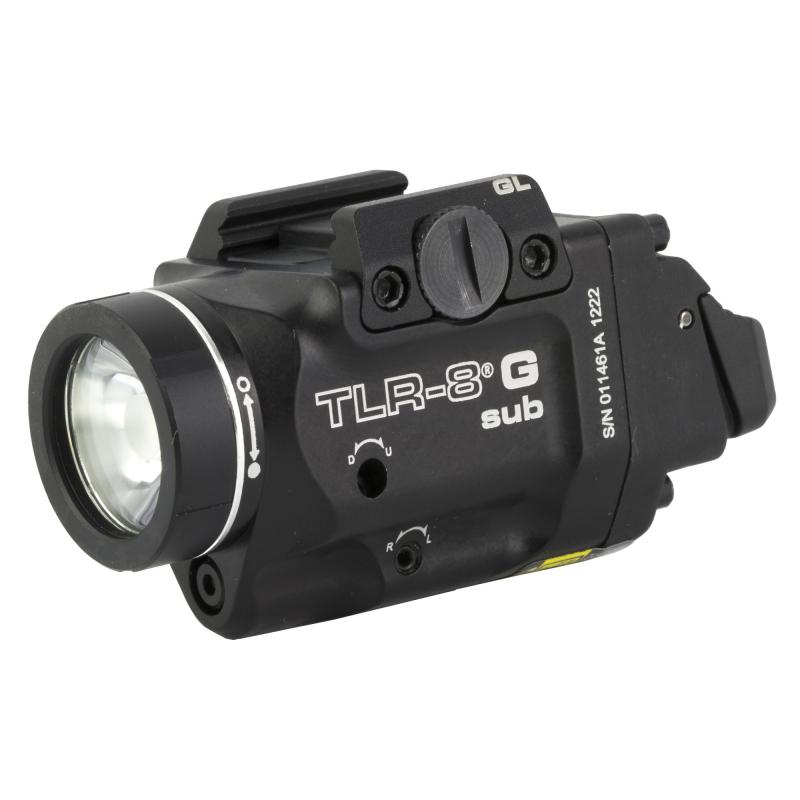 Streamlight TLR-8 G Sub, White LED with Green Laser, Fits Glock 43x/48 MOS, 500 Lumens, Anodized Finish, Black, Includes (1) CR123a Battery, Low and High Switches 69431