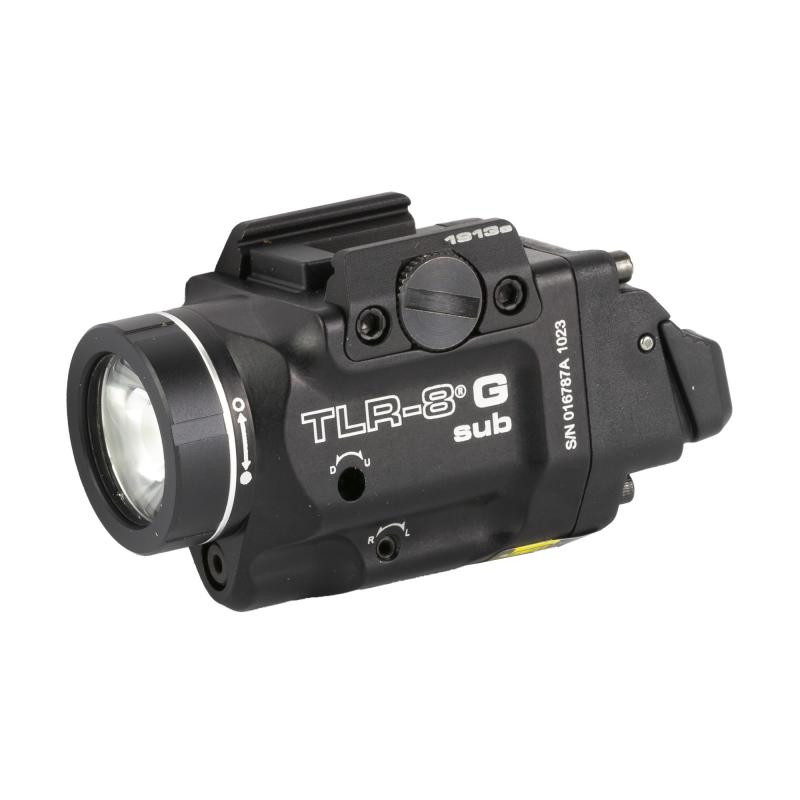 Streamlight TLR-8 G Sub, White LED with Green Laser, For 1913 Short Models, 500 Lumens, Anodized Finish, Black, Includes (1) CR123a Battery, Low and High Switches 69438