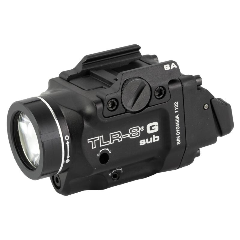 Streamlight TLR-8 G Sub, White LED with Green Laser, Fits Springfield Hellcat, 500 Lumens, Anodized Finish, Black, Includes (1) CR123a Battery, Low and High Switches 69439