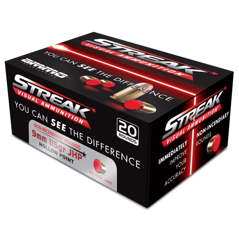 Streak Defense, 9MM, 115 Grain, Jacketed Hollow Point with Non-Incendiary Red Tracer Bullet, 20 Round Box 9115JHP-RED