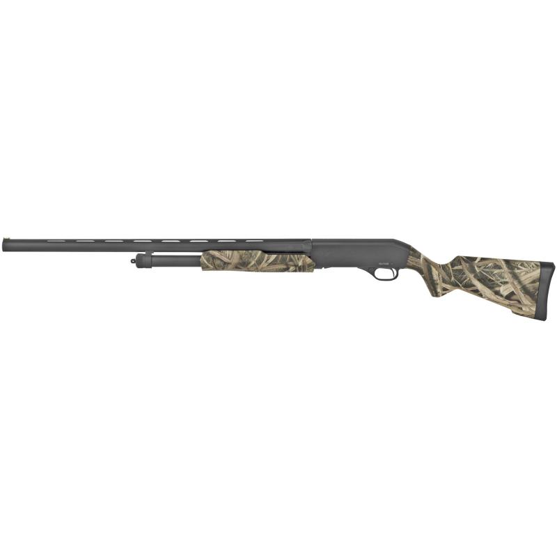 Stevens 320 Field Waterfowl Compact 12 Gauge 3 Inch Chamber 26 Inch Barrel Matte Blue Finish Green Fiber Optic Front Sight Synthetic Stock Mossy Oak Shadow Grass Blades Camouflage Finish 5 Round