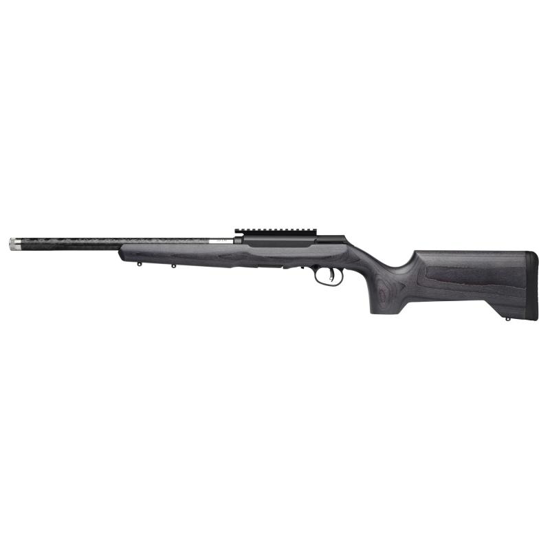 A Series Timberlite, Semi-automatic Rifle, 22 LR, 18" Carbon Fiber Wrapped Barrel, Threaded 1/2x28,  Matte Finish, Black, Carbon Wood Laminate Gray Stock, Savage AccuTrigger, 0 MOA Picatinny Rail, 10 Rounds, 1 Magazine 47255
