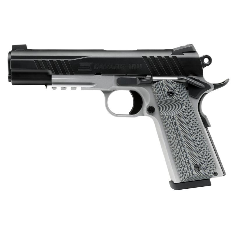 1911 with Rail, Full Size, 9mm, 5" Barrel, G10 Grips, Stainless Steel Finish, Silver Frame, Black Slide, Night Sights, Manual Safety, 10 Rounds, 2 Magazines 67208