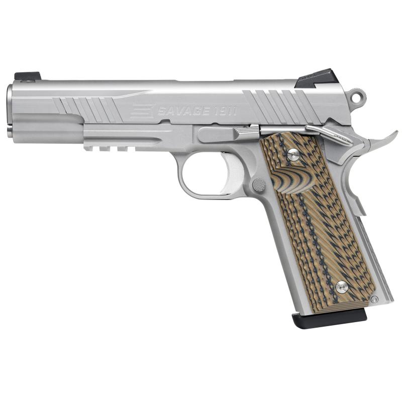 1911 with Rail, Full Size, 9mm, 5" Barrel, G10 Grips, Stainless Steel Finish, Night Sights, Manual Safety, 10 Rounds, 2 Magazines 67209