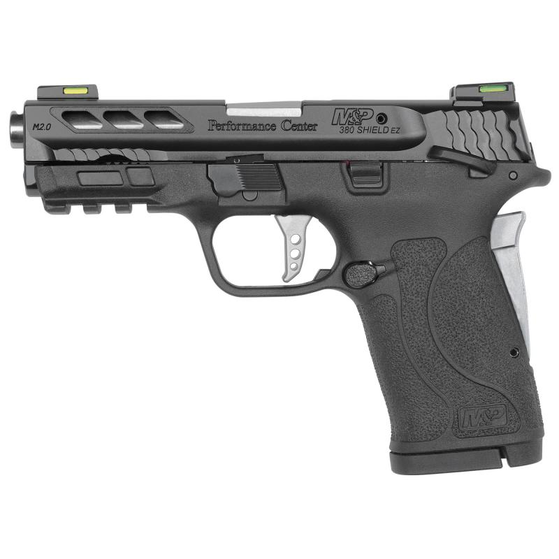 Performance Center Shield EZ M&P380 |380 ACP, 3.8" Ported Barrel, Polymer Frame, Silver Finish, 8Rd, (2) Mags, Manual Safety, HiViz Litewave H3 Fiber Optic/Tritium Sights, Lightening Cuts