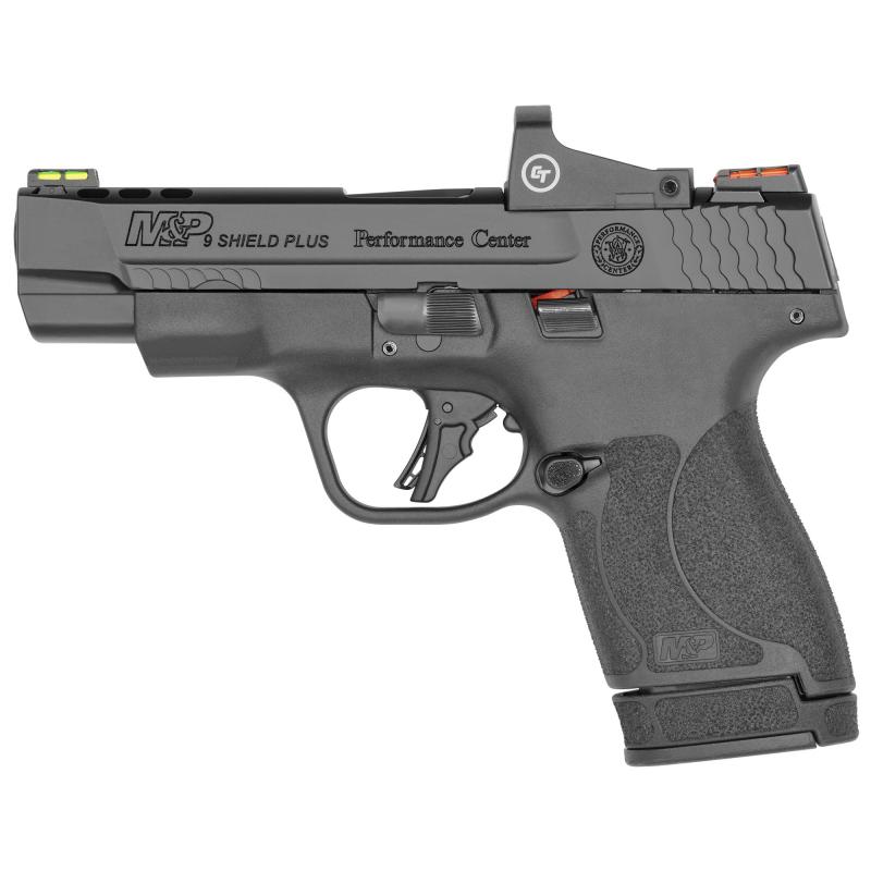 Shield Plus, Performance Center, Includes Crimson Trace Red Dot, Striker Fired, Micro Compact, 9MM, 4" Ported Barrel, Optics Ready, Polymer Frame, No Thumb Safety, Fiber Optic Sights, Flat Face Trigger, 2 Mags, 1-10Rd 1-13Rd, Black 13253