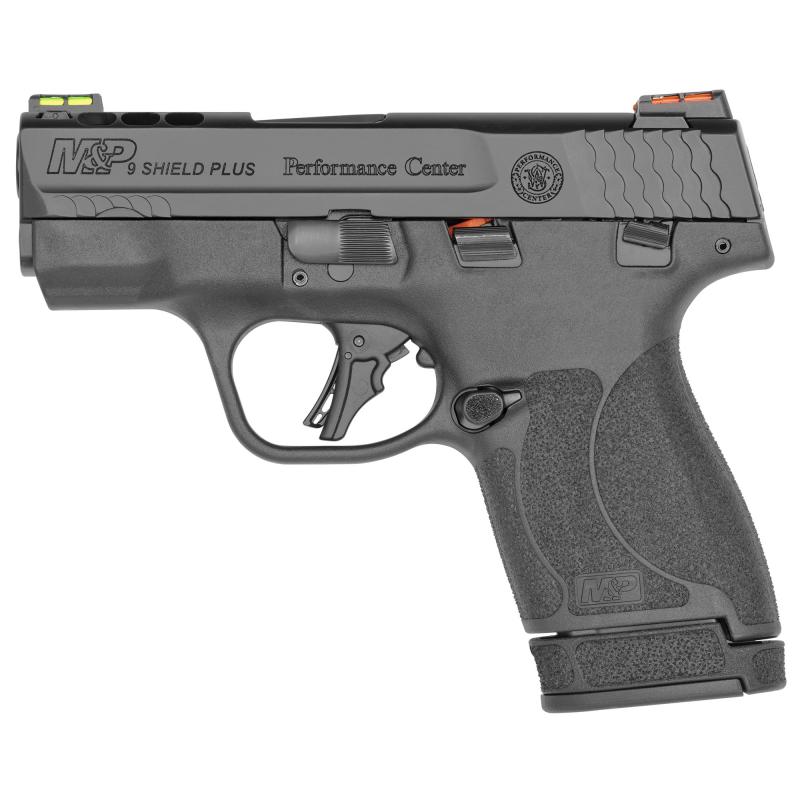 Shield Plus, Performance Center| Striker Fired, Micro Compact, 9MM, 3.1" Ported Barrel, Polymer Frame, Thumb Safety, Fiber Optic, Flat Face Trigger, 2 Mags, 1-10Rd 1-13Rd, Black 13254