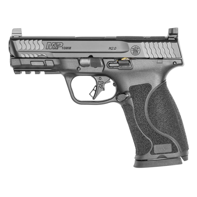 M&P 2.0, Striker Fired, Semi-automatic, Polymer Frame Pistol, Full Size, 10MM, 4" Barrel, Armornite Finish, Black, Optic Height White 3 Dot Sights, No Thumb Safety, 15 Rounds, Optics Ready Slide, 2 Magazines 13389