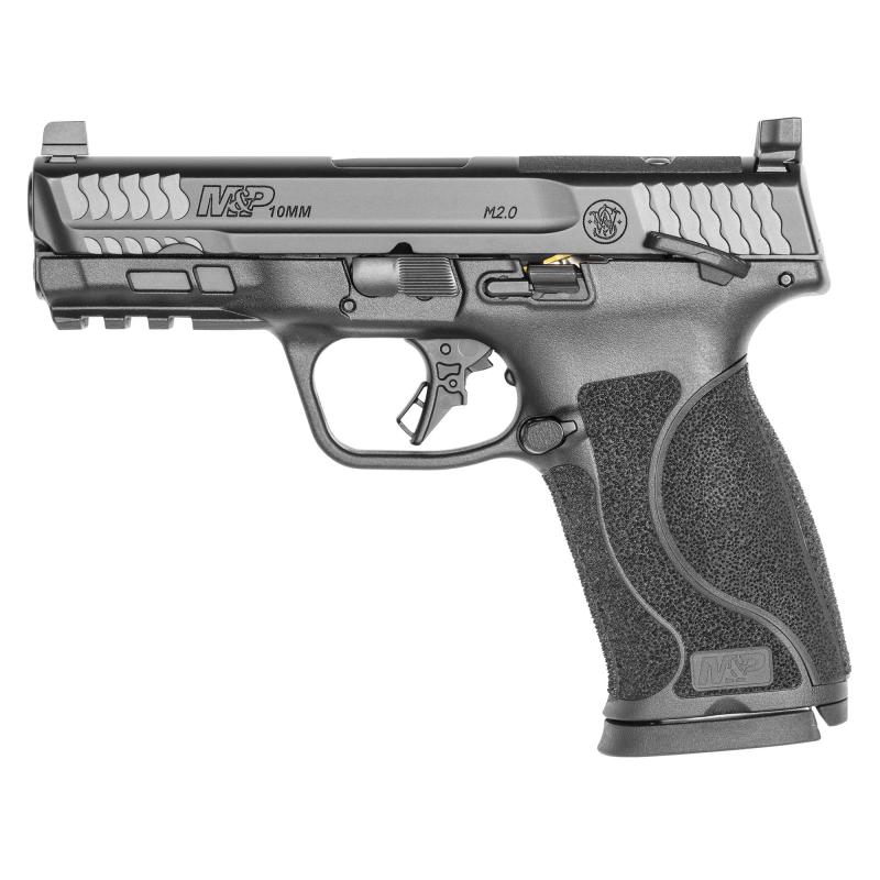 M&P 2.0, Striker Fired, Semi-automatic, Polymer Frame Pistol, Full Size, 10MM, 4" Barrel, Armornite Finish, Black, Optic Height White 3 Dot Sights, Thumb Safety, 15 Rounds, Optics Ready Slide, 2 Magazines 13390