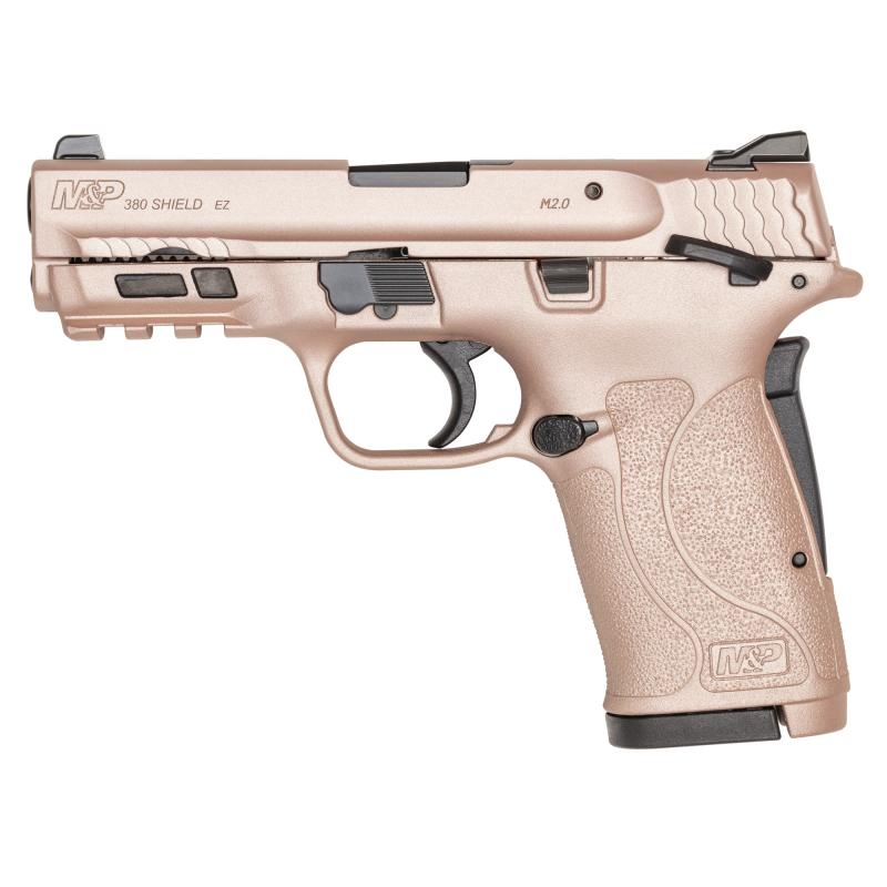 M&P 380 SHIELD EZ M2.0, Internal Hammer Fired, Semi-automatic Pistol, Polymer Frame Pistol, Micro-Compact, 380ACP, 3.675" Barrel, Cerakote Finish, Rose Gold, 3-Dot Sights, Manual Thumb Safety, 8 Rounds, 2 Magazines 14024