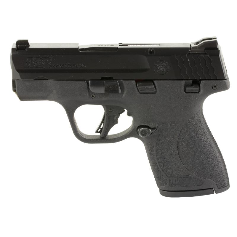 Shield Plus, M&P9, Semi-automatic, Striker Fired Polymer Frame Pistol, Micro-Compact, 9MM, 3.1" Barrel, Armornite Finish, Black, White Dot Sights, Manual Thumb Safety, Flat Face Trigger, Magazine Disconnect Safety, Taclite Loaded Chamber Indicator, 10 Ro