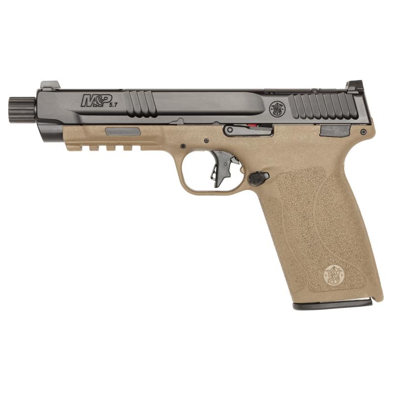 M&P, Semi-automatic, Internal Hammer Fired, Full Size, 5.7X28MM, 5" Threaded Barrel, Optics Ready, No Manual Thumb Safety, Optic Height Sights, Flat Dark Earth Frame, Black Slide, 22 Rounds, 2 Magazines 14078