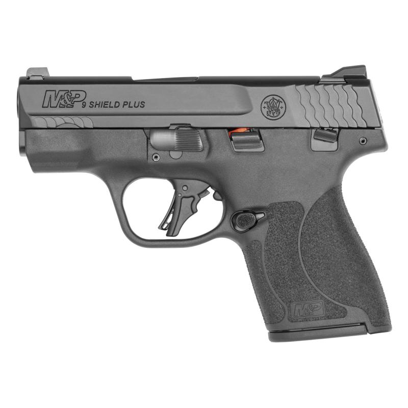 Shield Plus, Semi-automatic, Striker Fired Polymer Frame Pistol, Micro-Compact, 9MM, 3.1" Barrel, Armornite Finish, Black, White Dot Sights, Manual Thumb Safety, Flat Face Trigger, 10 Rounds, 2 Magazines 14203