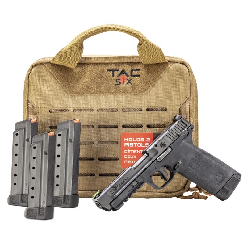 M&P 22WMR, Range Kit, Semi-automatic, Polymer Framed Pistol, Full Size, 22 WMR, 4.35" Barrel, Armornite Finish, Black, Optics Ready Slide For Shield SMSc Footprints, Manual Safety, Fiber Optic Front Sight, 30 Rounds, 4 Magazines, Includes Tac-Six Tactica