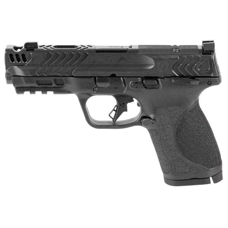 M&P M2.0, Performance Center, Striker Fired, Semi-automatic, Polymer Framed Pistol, Compact, 9MM, 4.22" Ported Barrel, Armornite Finish, Gray, Front Night Sight, Blacked Out Rear Sight, Manual Safety, Flat-Face Trigger, Interchangeable Grip Inserts, Opti