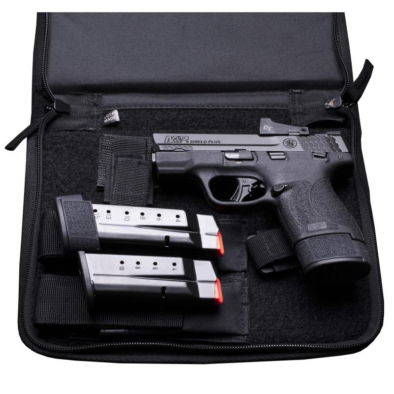 M&P9 Shield Plus OR, Striker Fired, Semi-automatic, Polymer Frame Pistol, Micro Compact, 9MM, 3.1" Barrel, Armornite Finish, Black, Tritium Night Sights, Optics Ready, No Thumb Safety, 3 Magazines, (2)-15 Rounds and (1)-10 Rounds, Zippered Notebook Case,