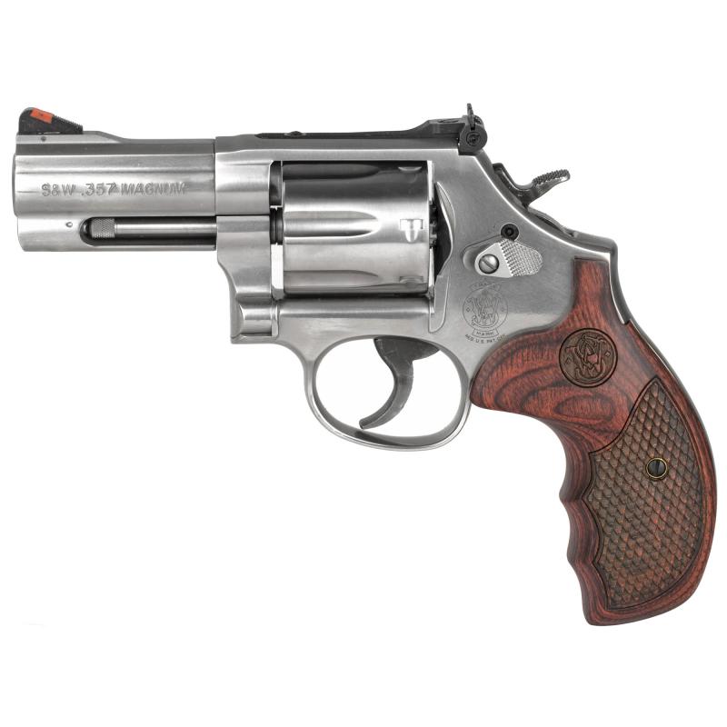 Model 686 Plus Deluxe .357 Magnum/.38 Smith & Wesson Special +P 3 Inch Barrel Satin Stainless Finish Adjustable White Outline Rear Sight Red Ramp Front Sight 7 Round