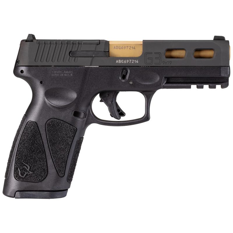G3, T.O.R.O. (Taurus Optic Ready Option) Custom, Striker Fired, Semi-automatic, Polymer Frame Pistol, Full Size, 9MM, 4" PVD Gold Barrel, Slide Cuts, Matte Finish, Black, Fixed Front Sight With Drift Adjustable Rear Sight, Manual Thumb Safety, 17 Rounds,