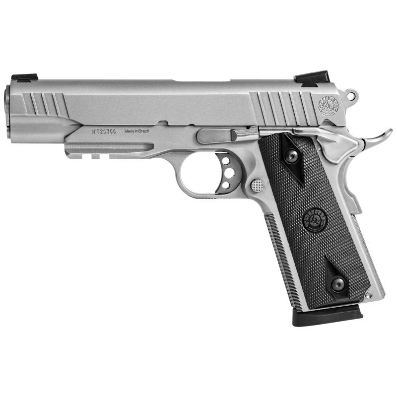 PT1911, Full Size, 45ACP, 5" Barrel, Steel Frame, Stainless Finish, Rubber Grips, Heinie Sights, with Rail, 8Rd, 2 Magazines 1-191109-SS1