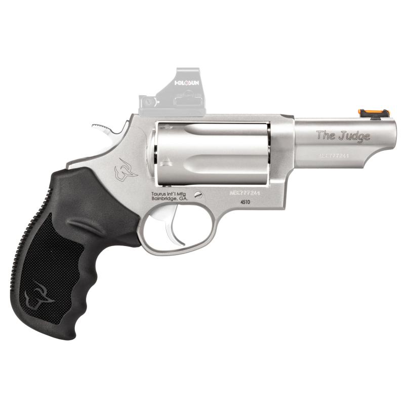 Judge T.O.R.O., Double Action, Stainless Steel Frame Revolver, Compact, 2.5" 410 Bore/.45 Long Colt, 3" Barrel, Fiber Optic Front Sight, Optics Ready, Rubber Grips, Matte Finish, Silver, 5 Rounds 2-4410P39T