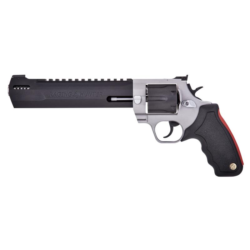 Raging Hunter, Double Action/Single Action, Steel Frame, Revolver, Large Frame, 500 S&W, 8.38" Barrel, Black Barrel/Cyliner, Silver Frame, Rubber Grips, AdjustableRear Sight, 5 Rounds 2-500085RH