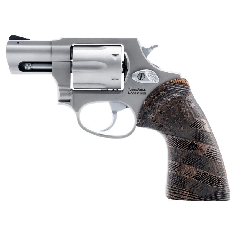 Model 856, Double/Single Action Revolver, Small Frame, 38 Special +P, 2" Barrel, Matte Stainless Finish, Silver, Custom Flag Engraved Wood Grips, Fixed Sights, 6 Rounds 2-85629-US2
