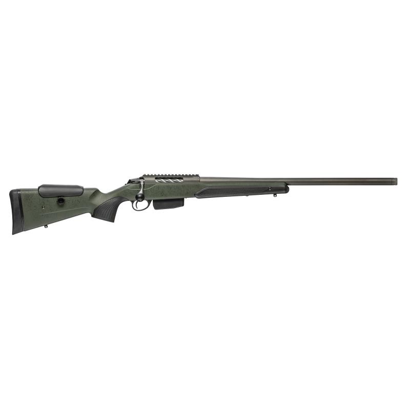 Tikka T3x Super Varmint | 6.5mm Creedmoor, 23.7" Threaded Barrel, Tungsten Cerakote, Green Rouchtech Stock, Adjustable Cheek Piece, 2 Stage Trigger, 5+1