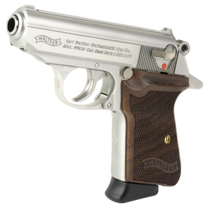 PPK/S |380ACP, 3.35" Barrel, Steel Frame, Stainless Finish, Walnut Grips, Fixed Sights, 7Rd, 2 Magazines 4796004