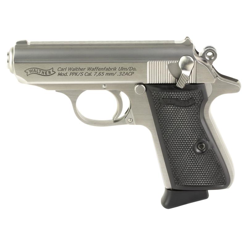 PPK/S, Semi-automatic, Metal Frame Pistol, Compact, 32ACP, 3.3" Barrel, Stainless Matte Finish, Silver, Fixed Sights, 7 Rounds, 2 Magazines 4796022