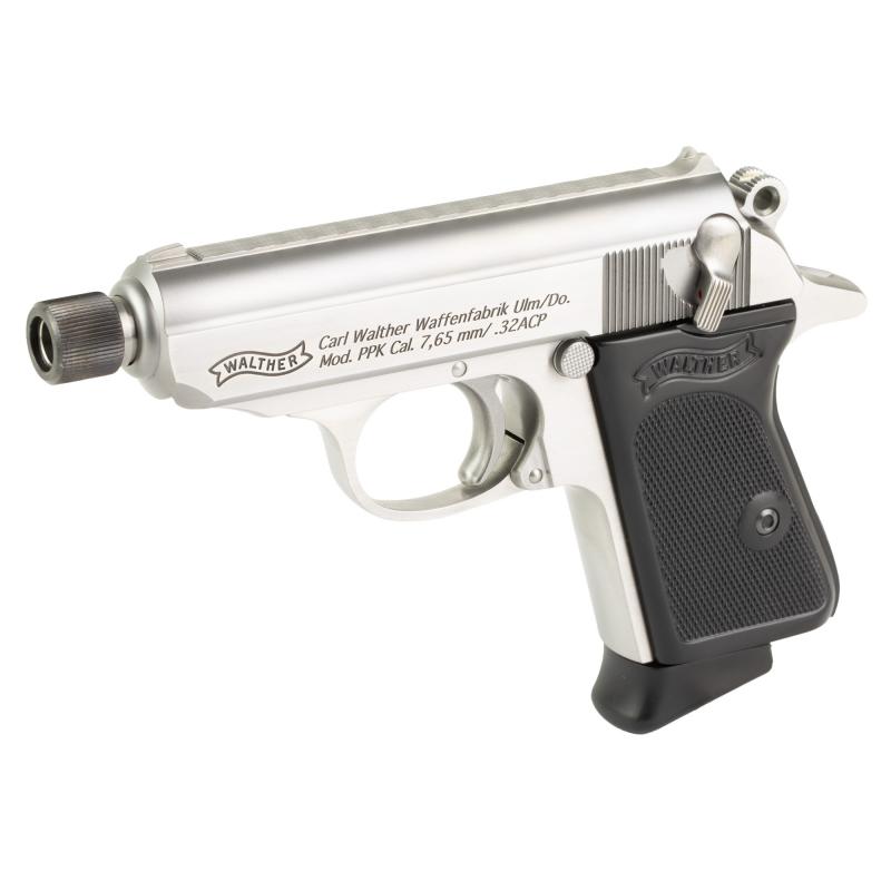 PPK SD 32ACP, 3.3" Barrel, Threaded 1/x28, Steel Construction, Stainless Finish, Silver, Fixed Sights, 7 Rounds 4796060 Semi-automatic, DA/SA, Metal Frame Pistol