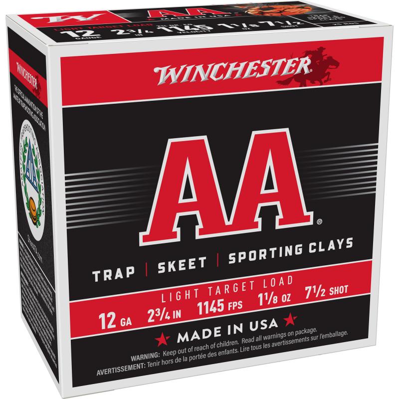 Winchester AA Light Target Load |12ga 2.75" #7.5 Lt Trap 1145fps 2.75dram 1-1/8oz, Box of 25 Rounds