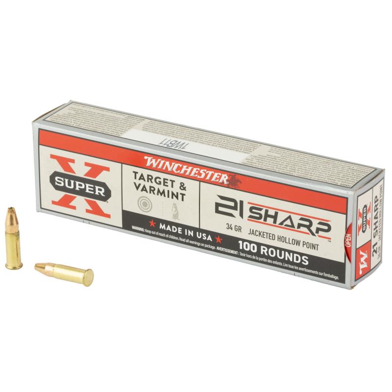 Target & Varmint, Super-X, 21 SHARP, 34 Grain, Lead Jacketed Hollow Point, 100 Round Box X21JHP