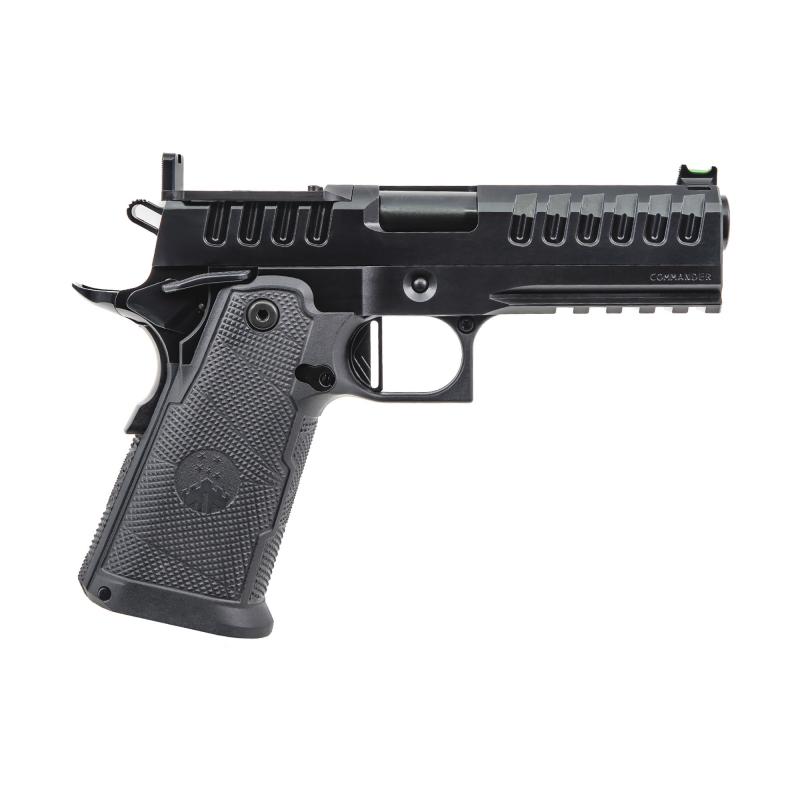 Apache Commander, Semi-automatic, 1911, Metal Frame Pistol, Commander Size, 9MM 4.25" Threaded Barrel with Compensator, DLC Finish, Black, Optics Ready, Fiber Optic Front Sight, (3)-15 Round Magazines APACHE-9MM-CMNDR-FDE