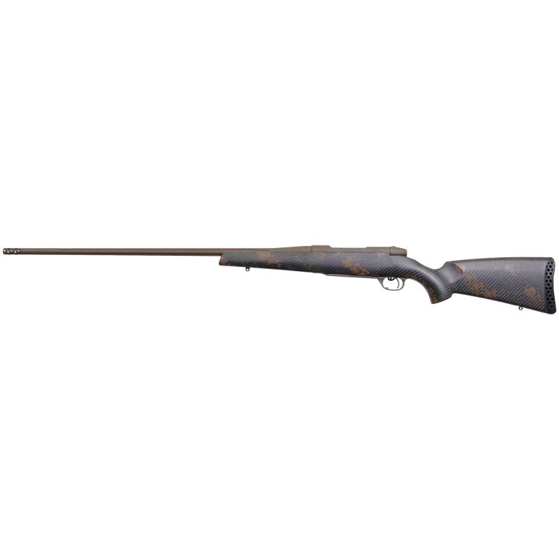 Mark V, Backcountry 2.0, Bolt Action Rifle, 300 Weatherby Magnum, 26" Flutted Steel Barrel, #2 Contour, Cerakote Finish, Patriot Brown, Dark Green and Brown Sponge Accents, Exposed Carbon Fiber Stock, Muzzle Brake, 3 Rounds, Right Hand MBC20N300WR8B
