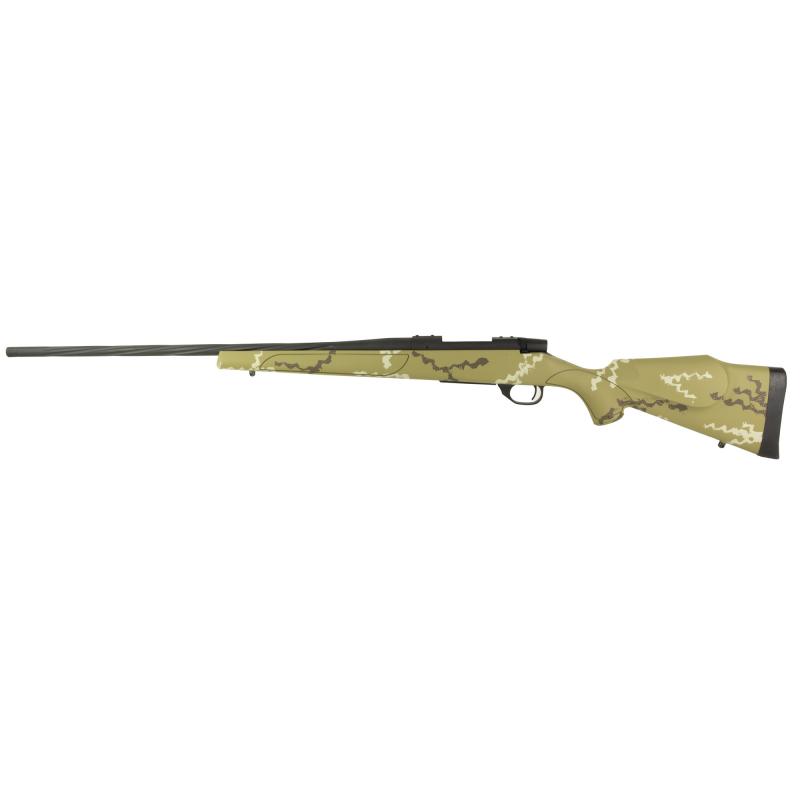 Vanguard Outfitter, Bolt Action Rifle, 22-250 Remington, 24" Spiral Fluted #2 Contour Barrel, Threaded 1/2-28, 1:14" Twist, Cerakote Finish, Graphite Black, Weatherby Monte Carlo Stock, Brown and White Hand Sponge Paint, Two Stage Adjustable Trigger, Acc