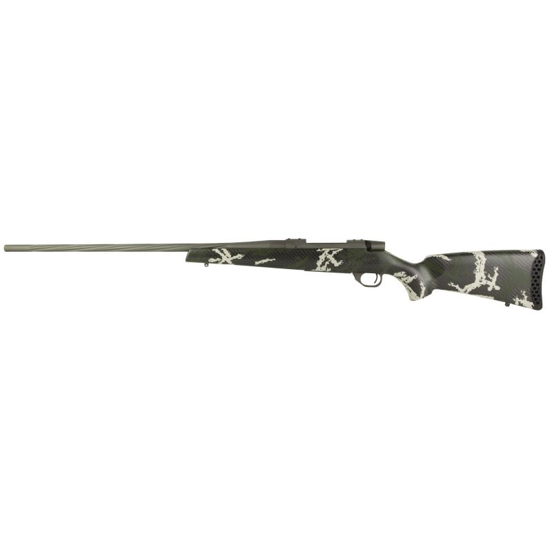 Vanguard, Talon, Bolt Action Rifle, 270 Winchester, 26" Fluted Barrel, Muzzle Brake, Cerakote Finish, Graphite Black, Peak 44 Blacktooth Carbon Fiber Stock, Green and White Spinge Pattern, 4 Rounds, Hinged Floorplate Bottom Metal VTE270NR6B