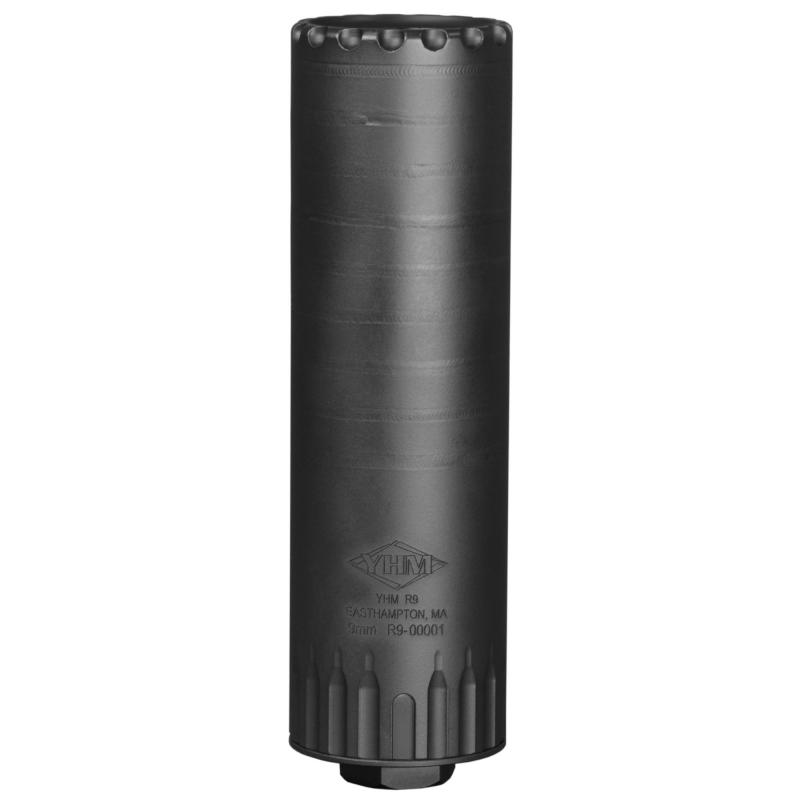 R9, Suppressor, .17HMR-9MM, 17-4PH Stainless Steel, 10.7oz, 1.562" Diameter, 5.2" Long, Cerakote Black, Includes Universal Rifle Suppressor Mount (YHM-2145-28) YHM-2155-28