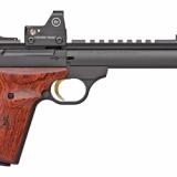 Buck Mark Field/Target, Semi-automatic, 22 LR, 5.875" Barrel, Threaded, Blued Finish, Aluminum Frame, Matte Black, Laminate Grips, Thumb Safety, Blade Front/Adjustable Rear Sights, 10Rd, 2 Magazines, Includes Crimson Trace Red Dot Sight 051567490