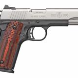 1911-380, Black Label Pro, Compact, Semi-automatic, 1911, 380 ACP, 3.625" Barrel, Black and Stainless Two-Tone Color, Satin Finish, Composite Frame, Ambidextrous Thumb Safety, American Flag Laminate Grips, White 3 Dot Sights, 8Rd, 2 Magazines 051978492