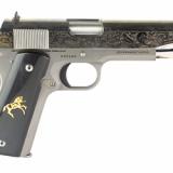 Government Model, Day Of The Dead, 1911 Classic, Semi-automatic, Metal Frame Pistol, Full Size, 38 Super, 5" Barrel, Steel, Stainless Finish, 9 Rounds, 1 Magazine, High Polished, Deep Engraved Slide With Black Background, Gold Plated Logo/Pony, Black Pea