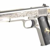 Government Model, Day Of The Dead, 1911 Classic, Semi-automatic, Metal Frame Pistol, Full Size, 38 Super, 5" Barrel, Steel, Stainless Finish, 9 Rounds, 1 Magazine, High Polished, Deep Engraved Slide With Black Background, Gold Plated Logo/Pony, Black Pea