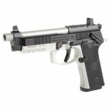92XI SAO Tactical, Semi-automatic, Single Action Only, Full Size Pistol, 9MM, 5.1" Threaded Barrel, 1/2x28, Cerakote Finish, Black Slide and Controls, Silver Frame and Barrel, Optic Ready, Ambidextrous Safety, Suppressor Sights, 10 Rounds, 2 Magazines J9