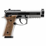92GTS Launch Edition | 9MM 4.7" Barrel, Cerakote Finish, Black Slide, Silver Frame, Hogue Wood Grips, Ambidextrous Frame Mounted Decocker, Fiber Optic Front Sight, 18 Rounds, Double Action/Single Action, Semi-automatic, Metal Frame Pistol, Full Size