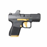 METE MC9, Semi-automatic, Striker Fired, Poylmer Frame Pistol, Micro Compact, 9MM, 3.18" Barrel, Matte Finish, Black With Gold Accents, Optic Ready, 2 Magazines, (1)-12 Round, (1)-15 Round, Includes 3 Grip Back Straps, Magazine Loader, Custome Holster, C