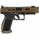 TTI Combat | 9MM, 4.6" Ported and Fluted Barrel, Canik Compensator, TTI Bronze, Adjustable Rear Sight, Fiber Optic Front Sight, 18 Rounds, 2 Magazines, MeCanik MO3 Red Dot Optic HG7854V