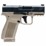 METE MC9L, Semi-automatic, Striker Fired, Polymer Frame Pistol, Compact, 9MM, 3.18" Barrel, Nitride Finish Slide, Black, Cerakote Finish Frame, Flat Dark Earth, Optic Ready, White Dot Front Sight, Blackout Rear Sight, 2 Magazines, 17 Rounds, Includes Cus