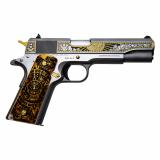 Government Model, TALO Exclusive, 1911 Classic Inti Sun God, Semi-automatic, Metal Frame Pistol, Full Size, 38 Super, 5" Barrel, Stainless Finish, Bright Brush And Bead Blasted, Multi-level Engraved Slide Sides, Selective Gold Plating On Slide, Gold Plat